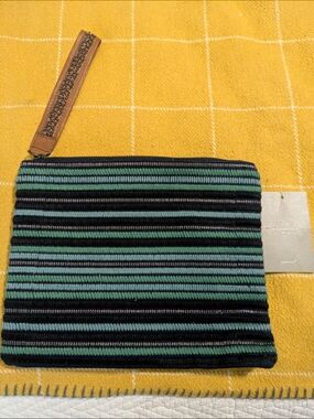 Anthropologie JASPER & JEERA Striped Green & Navy Blue Woven Wristlet Clutch